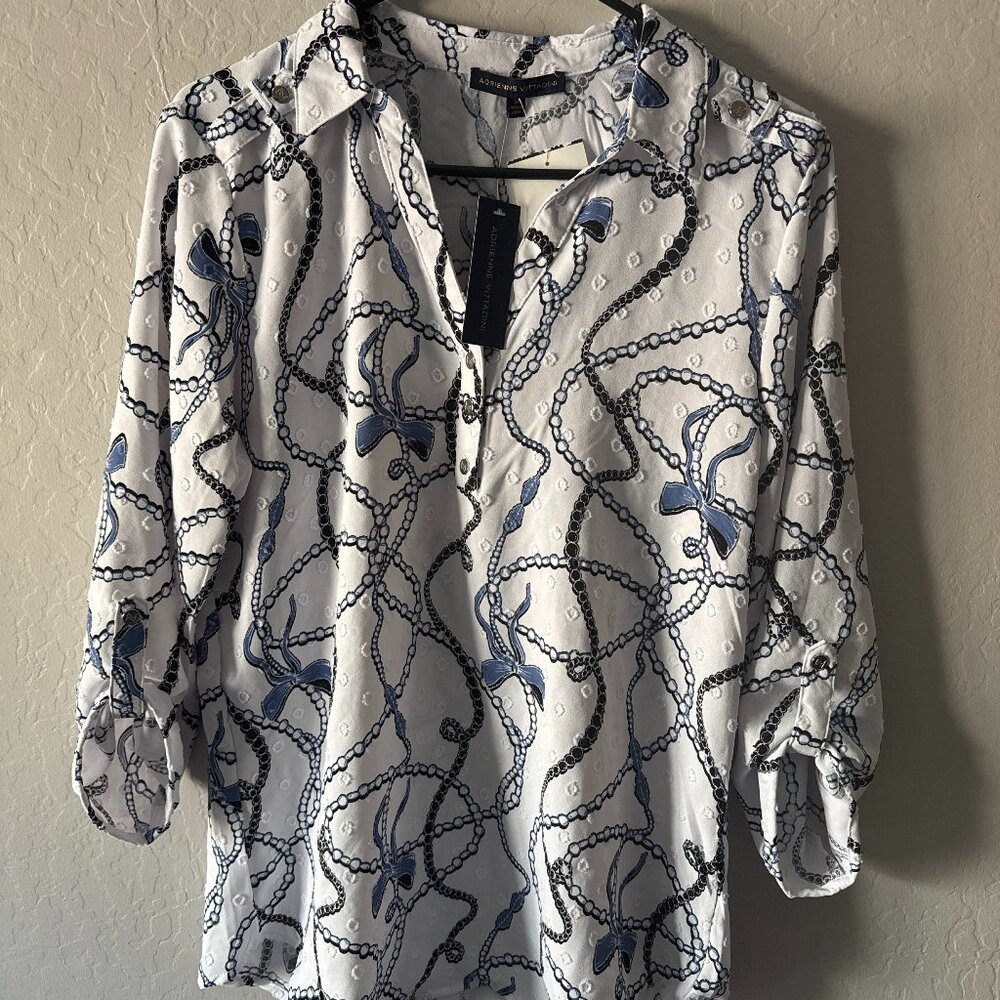 NWT White Rope Print Blouse – Roll Tab Sleeves – Size M